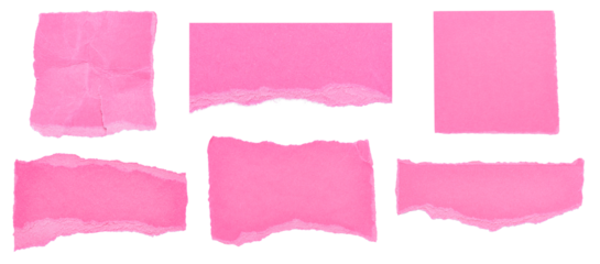 Collection set of cut out torn pieces of blank pink paper notes with texture and copy space for text, transparent png background design element