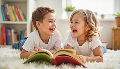 Fototapeta premium Joyful siblings laughing while reading a book indoors, childhood happiness