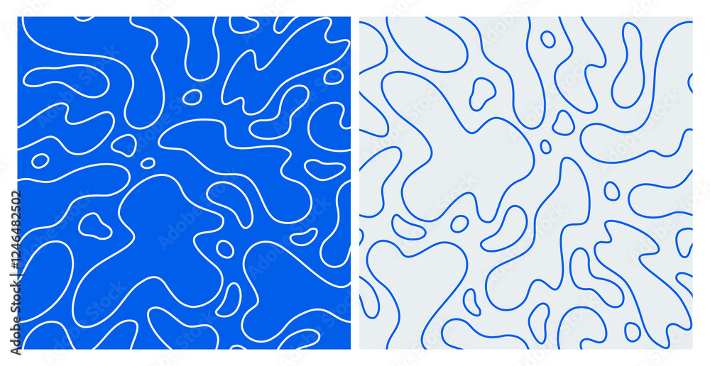 Poster Abstract Seamless Pattern with Blue Water Splashes. Line Wavy Contour Blobs. Liquid Organic Water Splash Texture