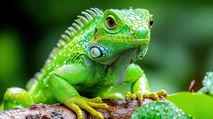 Fototapeta premium Vibrant green iguana on a branch.