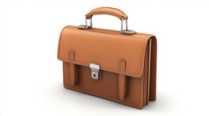 Brown briefcase for office work in 3D cartoon style, isolated on white. 