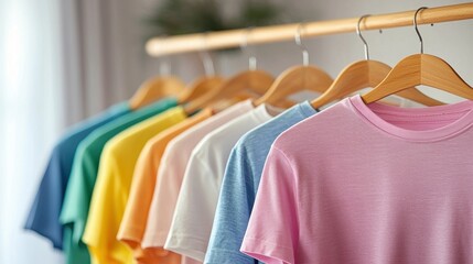 Fototapeta premium A rainbow of plain T-shirts on wooden hangers, wardrobe organization