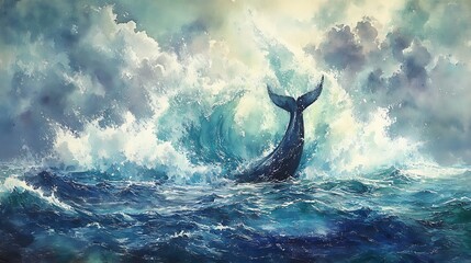 Fototapeta premium Jonah being expelled from the whale’s mouth in a powerful spray of water, the ocean glistening under a clearing sky,