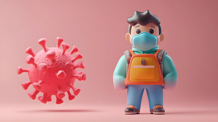 3d cartoon boy wearing mask to protect against covid virus with viruses floating in the air