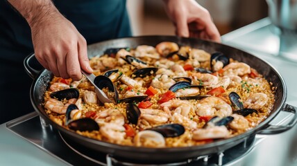Chef preparing cooking authentic spanish mediterranean traditional food seafood paella