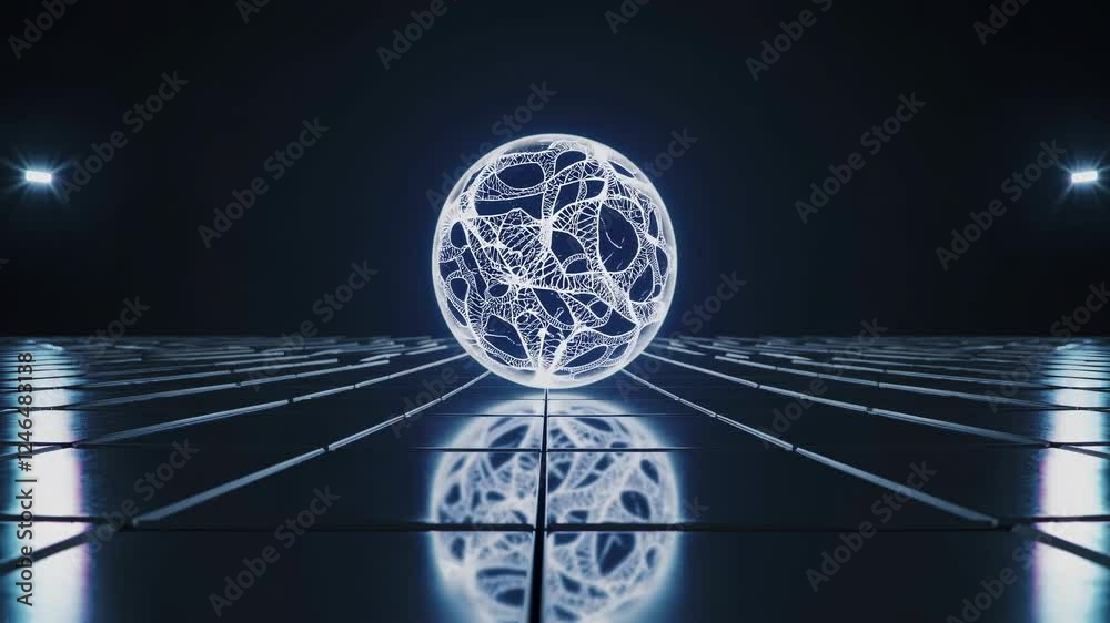 Poster illuminated sphere with intricate patterns displayed on reflective surface in a dark space