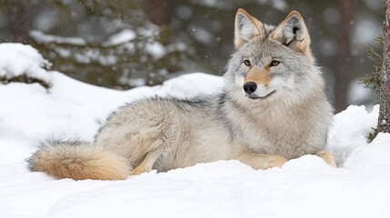 Obraz premium Wolf resting in snowy forest, winter scene