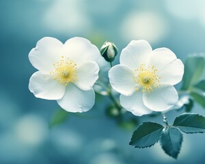 Fototapeta premium Pair of white wild rose blossoms with delicate petals and a soft focus blue background.