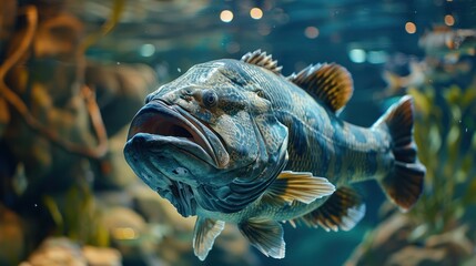 Obraz premium Largemouth bass swimming gracefully in a vibrant underwater environment with aquatic plants