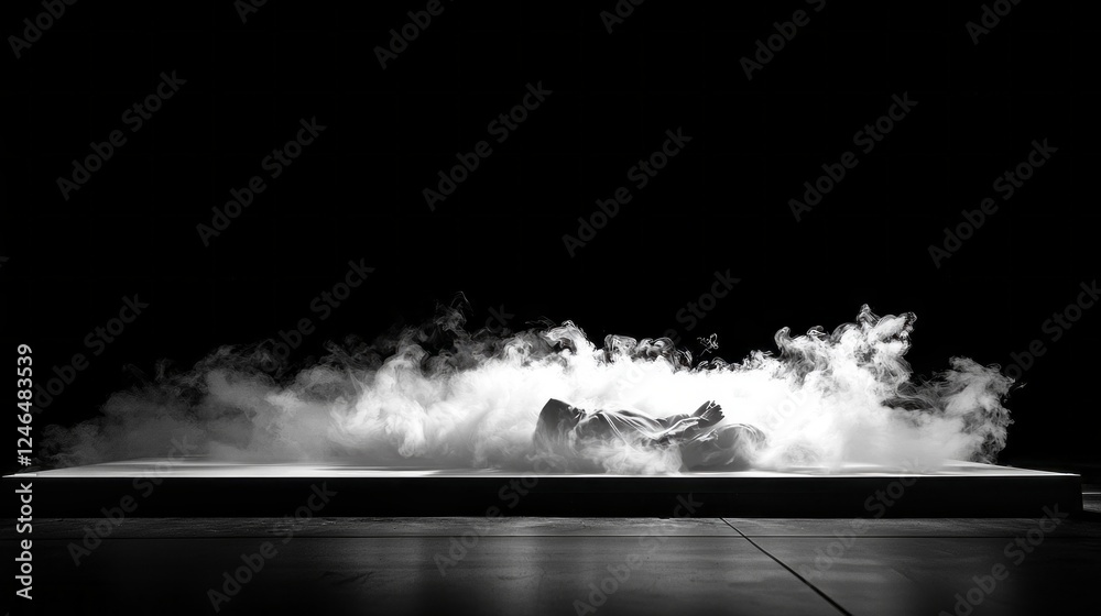 Poster dense white smoke flows elegantly on the floor, enveloping a dark room with a black background, crea