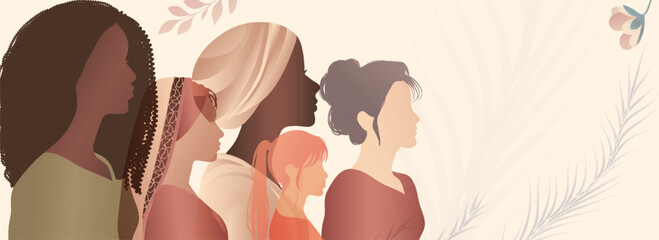Group silhouette of multicultural women. Women s history month. International women s day. Banner copy space. Empowerment inclusion - Diversity - equality - or girl power concept