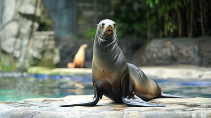 Fototapeta premium A playful sea lion lounging on a rock by the water, with another sea lion in the background
