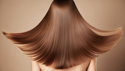  a woman with long, straight, brown hair. The hair has an even color and looks healthy and shiny