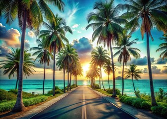 Fototapeta premium AI-generated double exposure: deserted beach town, tropical vibe.