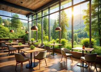 AI-enhanced forest view captures the cafe's modern aesthetic.