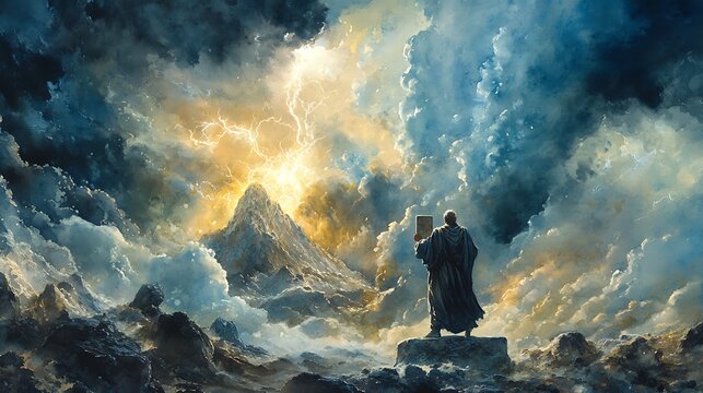 Moses raising the stone tablets high on Mount Sinai, the dramatic storm clouds parting slightly to reveal divine light, flashes of lightning illuminating the scene,