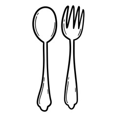 Hand drawn doodle spoon and fork on white background.