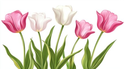 Fototapeta premium Radiant pink and white tulips stand tall with lush green stems, celebrating spring's arrival with their colorful display