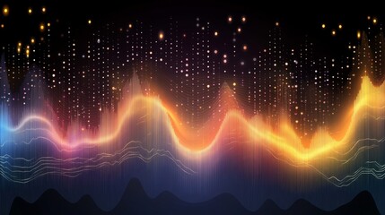 Colorful flowing lines on dark background representing market trends, vector illustration.