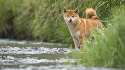 A Shiba Inu standing in a shallow stream surrounded by lush greenery and grass