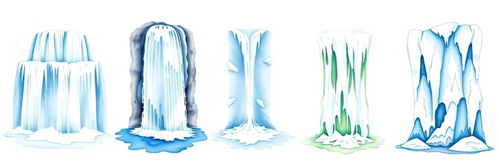 Five Diverse Watercolor Illustrations of Waterfalls and Icy Structures