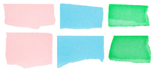 Collection set of cut out torn pieces of blank pink blue green paper notes with texture and copy space for text, transparent png background design element