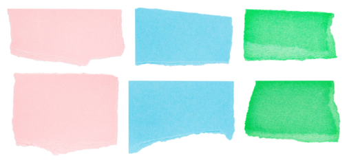 Collection set of cut out torn pieces of blank pink blue green paper notes with texture and copy space for text, transparent png background design element