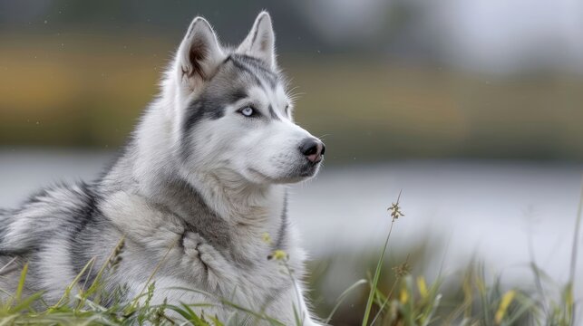 Majestic Siberian Husky resting by a serene lake, surrounded by lush greenery and distant hills