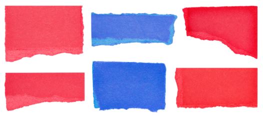 Collection set of cut out torn pieces of blank red blue paper notes with texture and copy space for text, transparent png background design element