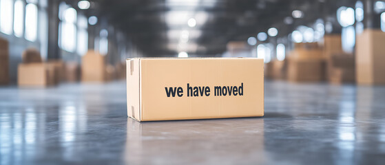 we have moved sign with package isolated over interior of the warehouse background; copy space