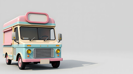 A colorful ice cream truck with a pink and blue design stands against a neutral gray background, showcasing a playful and nostalgic vibe