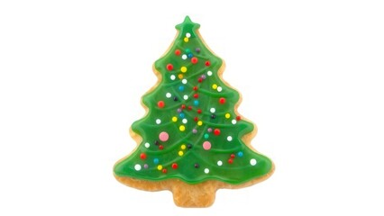 Christmas tree-shaped cookie decorated with green icing and colorful sprinkles, perfect for holiday celebrations. Isolated on white background.