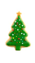 Christmas tree-shaped cookie decorated with green icing and colorful sprinkles, perfect for holiday celebrations. Isolated on white background.