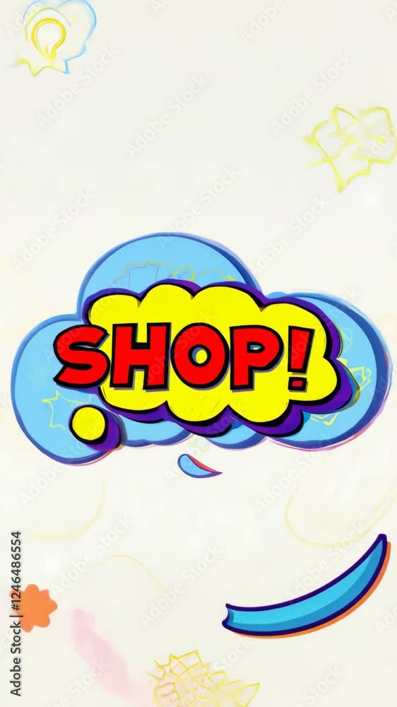 Poster a cartoon image of a shopping sign with the word 
