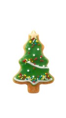 Christmas tree-shaped cookie decorated with green icing and colorful sprinkles, perfect for holiday celebrations. Isolated on white background.