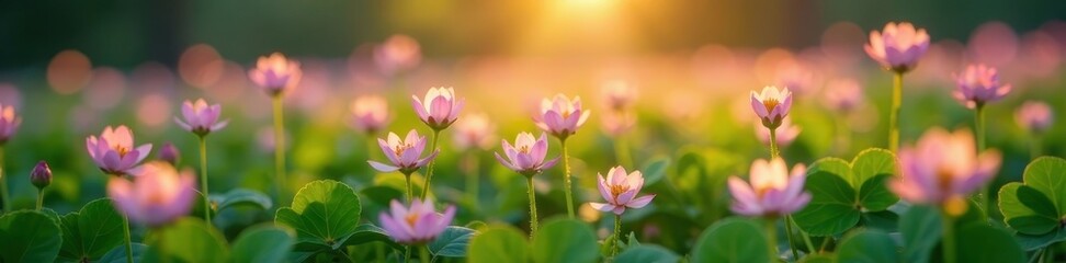 Fototapeta premium Softly focused field of clover with glowing flowers, spring flowers, floral arrangement