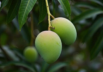 raw mango fruit in a tree