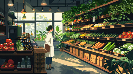 Naklejka premium Organic grocery shopping incorporating minimalistic aesthetics, highly detailed and vibrant, realistic yet creative depiction, emphasizing context and action