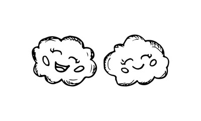Clouds with smiling expressions doodle cartoon vector hand drawn.