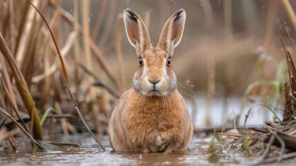 Obraz premium A serene brown rabbit sitting in shallow water surrounded by tall grasses and reeds