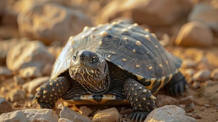 Obraz premium Close-up of a tortoise on rocky terrain, basking in sunlight with blurred natural background