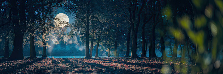 Enchanting Full Moon Night in a Mystical Forest Tranquil Nature Scene