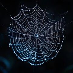Naklejka premium Glowing Spider Web Intricately Woven in Darkness with Dew Droplets Reflecting Faint Light