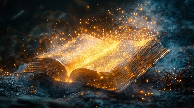 Floating Book with Glowing Golden Letters Illuminating the Void