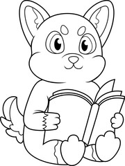 Cartoon shiba inu reading a book line art