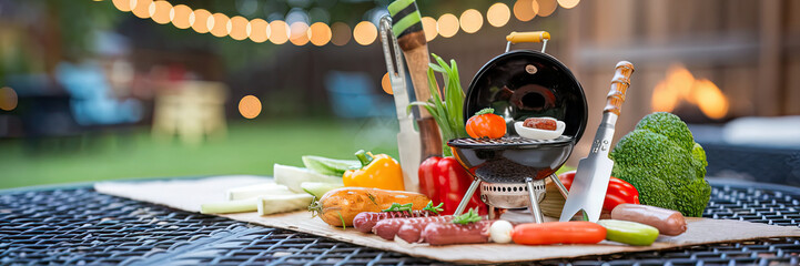 Backyard BBQ Grill Setup with Vegetables and Sausages Ready to Cook