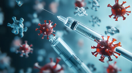 Red blood cells in the rain with syringe, needle, and medical equipment for treatment and vaccination in a healthcare setting