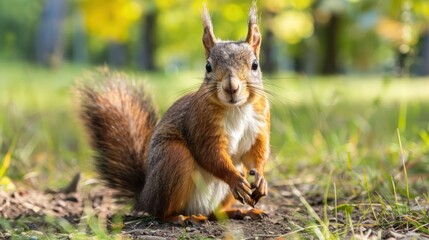 Fototapeta premium Squirrel holding a nut in a sunlit park, surrounded by vibrant autumn foliage