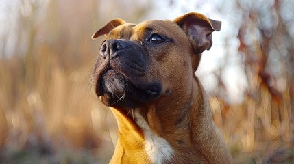 Fototapeta premium A close-up of a confident dog standing outdoors, surrounded by soft, blurred natural scenery
