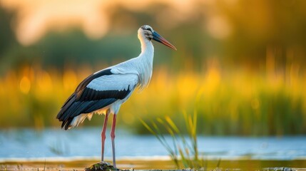 Fototapeta premium Elegant stork standing by a serene waterbody at sunset, surrounded by lush greenery